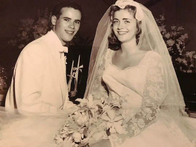 JESS KRAUS (PCHS) '54 AND JANET BERARDINELLI (PCHS) '55. MARRIED AUGUST 17, 1057 BY REV. JAMES MURPHY, ST. JOSEPHS CATHOLIC CHURCH POMONA.